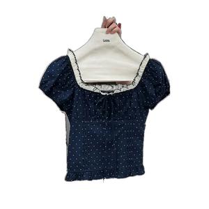 Áo Thun Nữ Mùa Hè Ôm Gọn Chấm Bi Viền Bèo Tay Ngắn Cổ Vuông Màu Xanh Độc Đáo Trễ Vai Phong Cách Casual