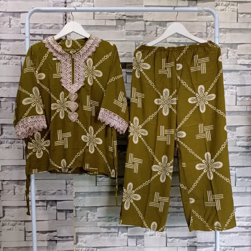 Setelan renda arabian resleting depan busui one set motif Bunga Celana Panjang Rayon 2