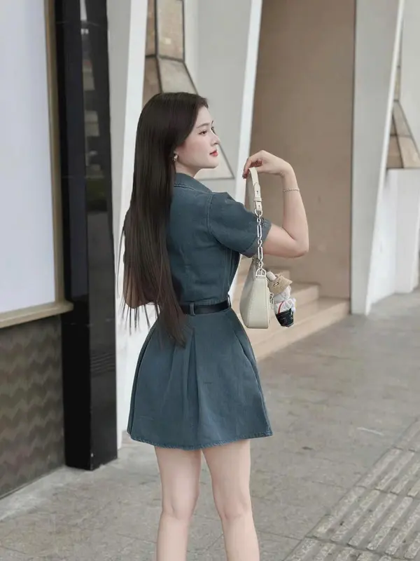 Váy đầm nữ dáng  xòe chất jean cổ sơ mi cài nút thiết kế trẻ trung sang chảnh 4