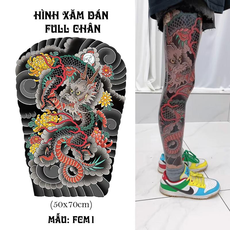 Miếng dán hình xăm full chân 50x70cm, kingtshop2 phong cách Nhật cổ, chống thấm nước, dùng được 3-5 ngày