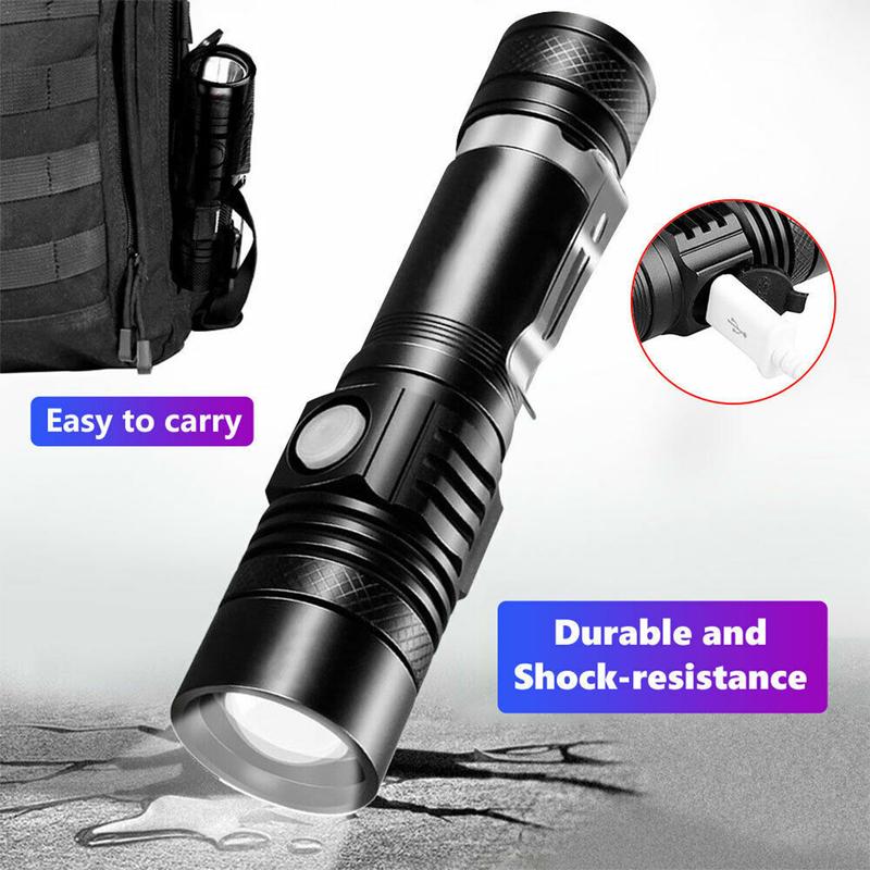 Product Introduction of Ultra Bright T6 LED Flashlight XP-L LED Lamp Beads Waterproof Torch Zoomable 4 Lighting Modes 18650 Battery USB Charging 63