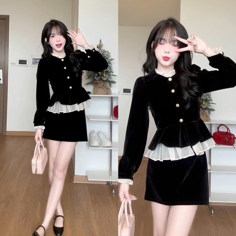 Set Áo Chân Váy Nhung Phối Tơ Dài Tay, Sét Nhung Dài Tay Phối Cúc