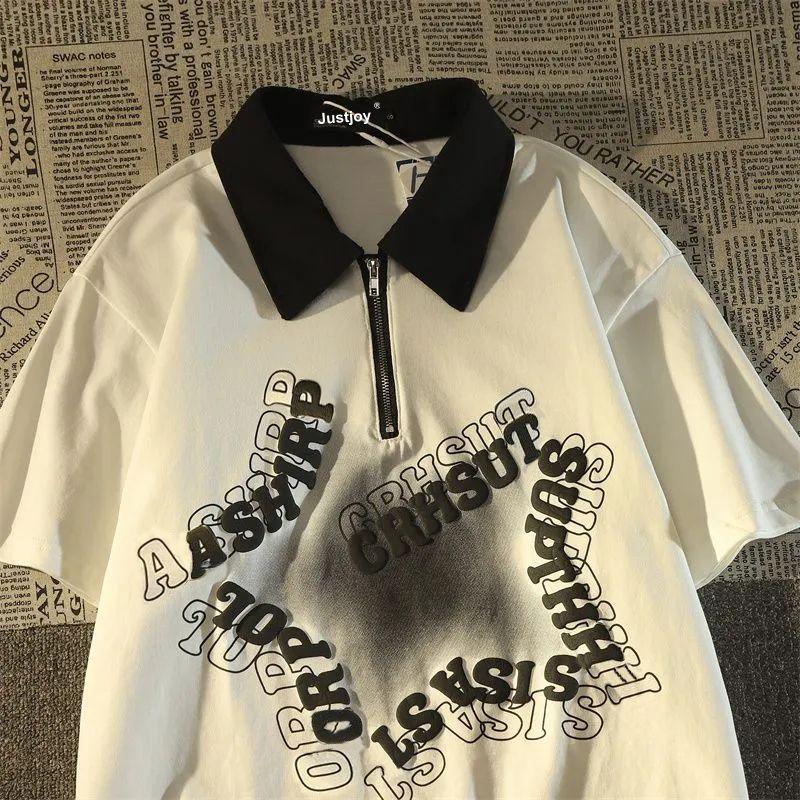 Product Introduction of [ 27k Favorites] American Retro Star Polo Collar Short Sleeve T-Shirt Unisex Loose Fit Hong Kong Style Vintage Half-Zip Couple Top 3