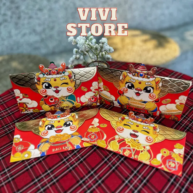 Set Lì Xì Rồng ngang 2024, ánh nhũ vàng, Mẫu Rồng Năm Mới Giáp Thìn, chất liệu giấy tổng hợp cao cấp - ViviStore 7