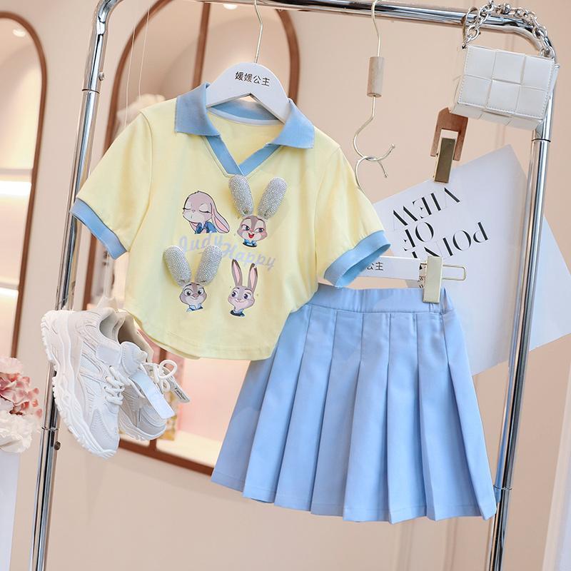 Bộ đồ mùa hè cho bé gái 15-55kg mùa hè 2023 phong cách nước ngoài mới cho bé gái váy xếp li ngắn tay quần âu bộ hai món 2