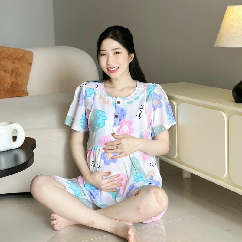 Bộ đồ bầu LỮNG NƠ vải tôn 2 da thái mặc nhà mặc cả bầu và sau sinh Váy Bầu Đầm Bầu