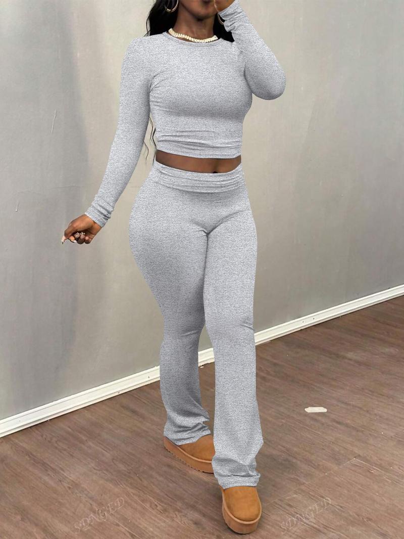 Product Introduction of Women's Solid Color Ruched Tee & Flare Leg Pants Set, Casual Long Sleeve Round Neck Top & Bell Bottom Trousers Two Piece Set for Fall & Winter, Women's Clothes for Daily Wear， Rave 2 Piece Set 7