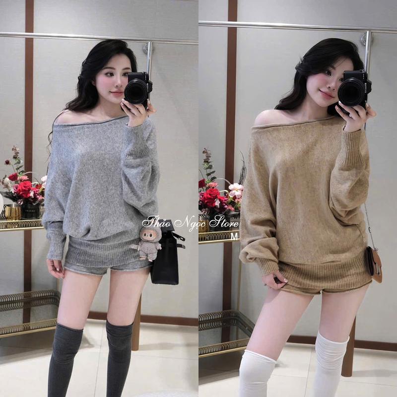 Set bộ len nữ áo trễ vai tay dài phối quần short ngố hàng QC! Thảo Ngọc Store Nữ Women Top