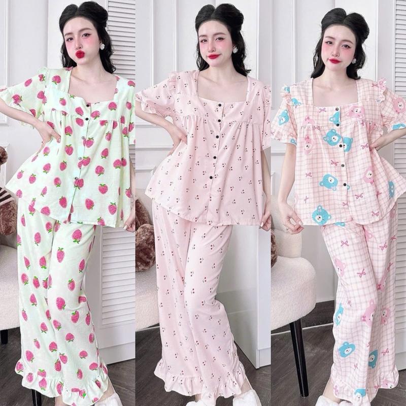 Đồ ngủ Bigsize 50-100kg đũi cotton hoa lá quần dài - Áo cổ vuông  Nữ Nhung Voi