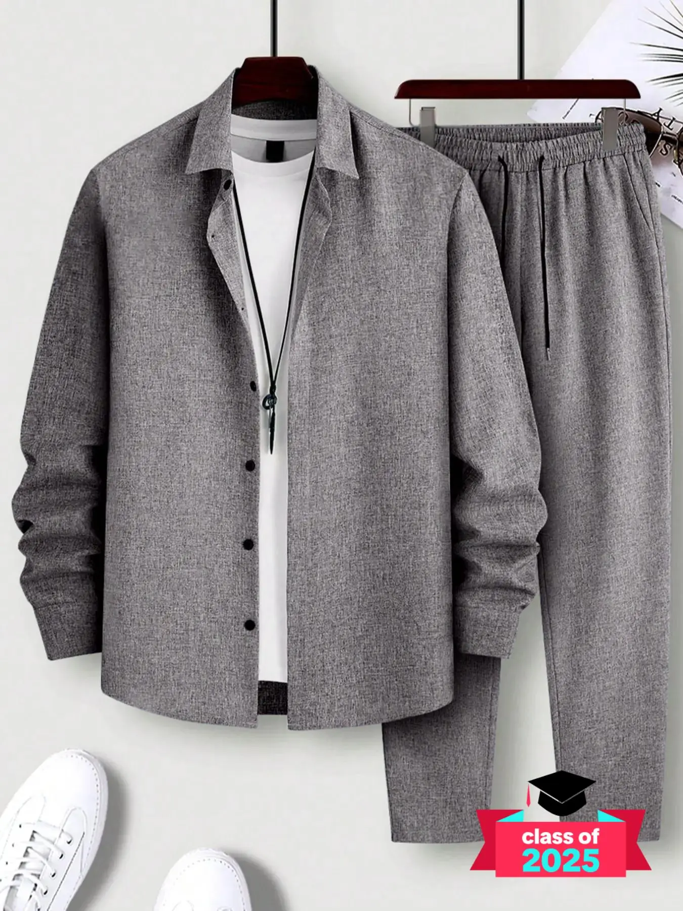 Men's Button Front Drawstring Waist Two-piece Set, Regular Fit Casual Long Sleeve Top & Pocket Trousers Co-ord Set, Going Out Outfit, Drippy Outfit， Men Sweatsuit Set