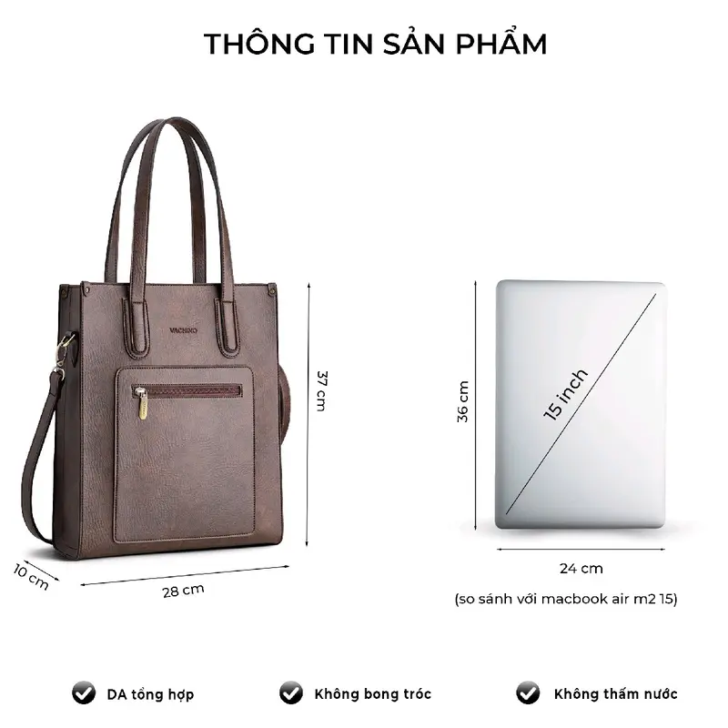 [Tặng Ví móc khóa] Túi Xách Da Nữ Công Sở VACHINO kiểu dáng dọc TX010 đựng vừa laptop, giấy A4 Bag Tote Chữ Nhật Hình Chữ Nhật 6
