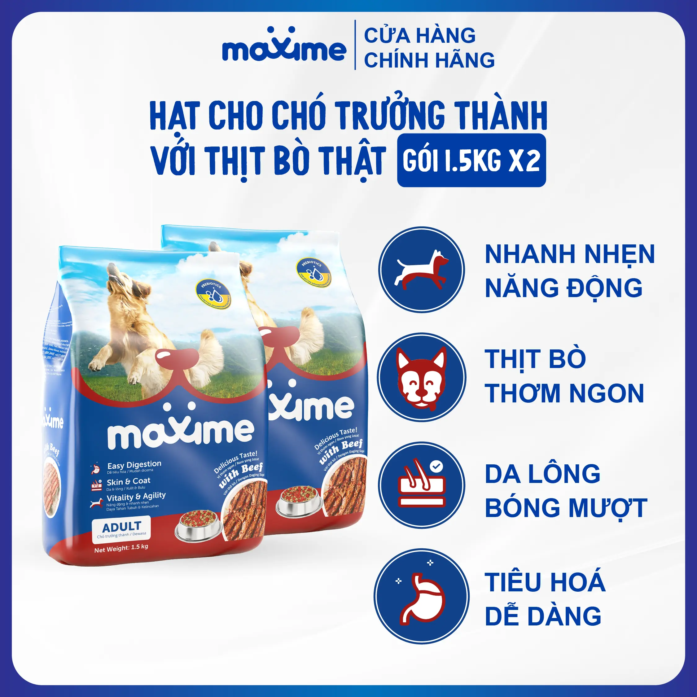 Hạt Maxime Thịt Bò Thật 1.5Kgx2 Cho Chó Trưởng Thành - Tiêu Hóa Dễ Dàng, Da Lông Bóng Mượt