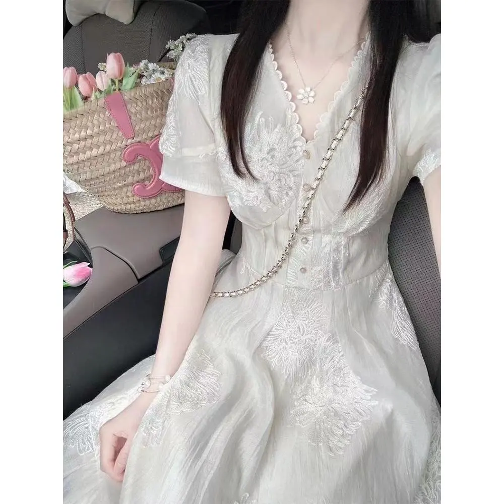 Váy Thiết Kế Mùa Hè, Thêu Bong Bóng Kiểu Pháp, Váy Eo Ren, Trang Phục Nữ