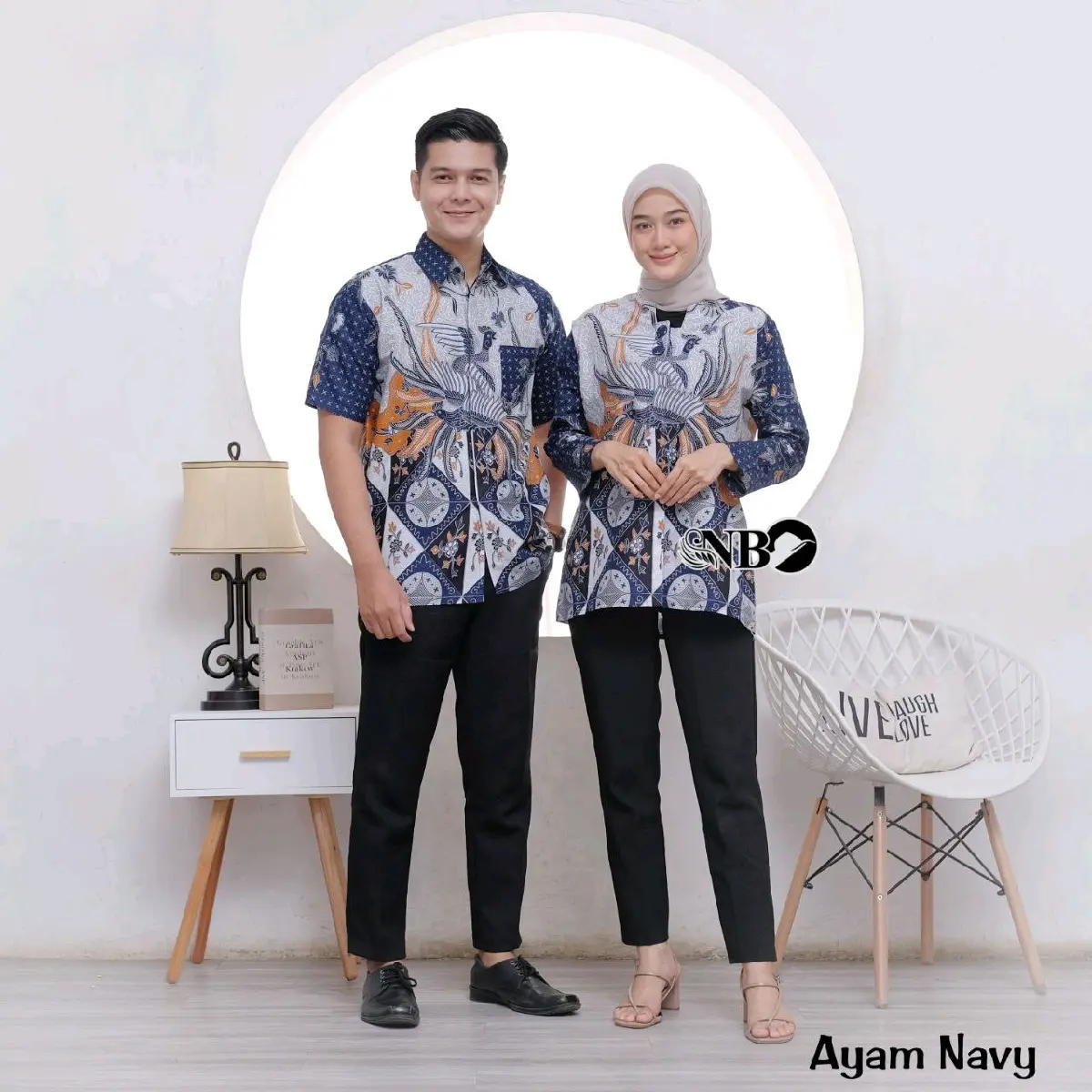 Batik Couple Atasan Blouse Batik Kancing Depan Kemeja Lengan Pendek Motif Ayam Navy