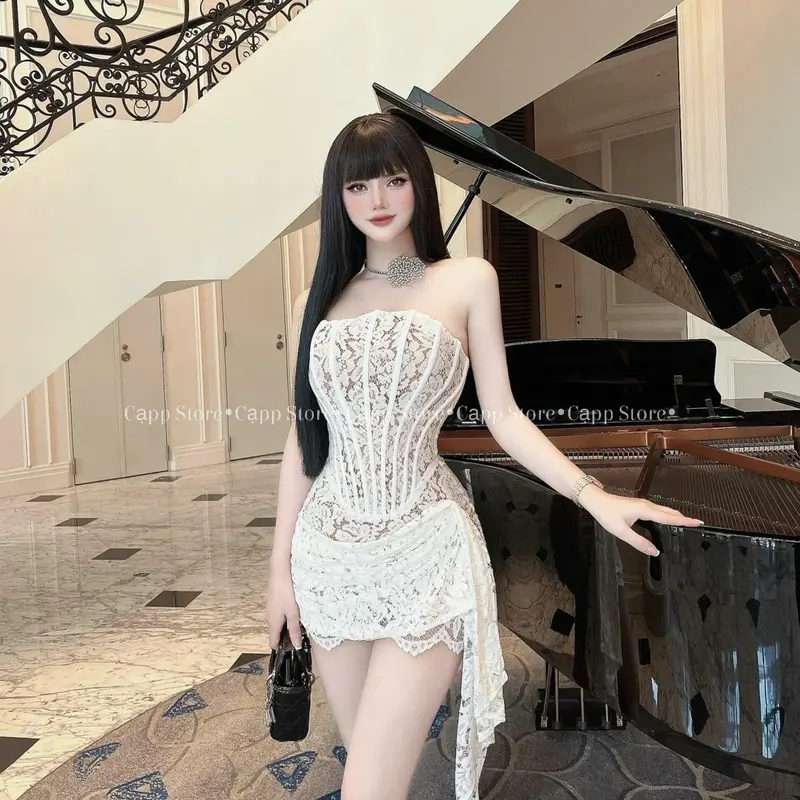 Đầm ren cúp ngực chiết eo đuôi phồng tôn dáng 0