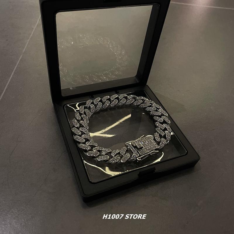 Full Crystal Stone Cuban Chain Hip Hop Bracelet For Men Silver Color Metal Link Chain Rhinestone Luck Closure Mens Bracelet 0