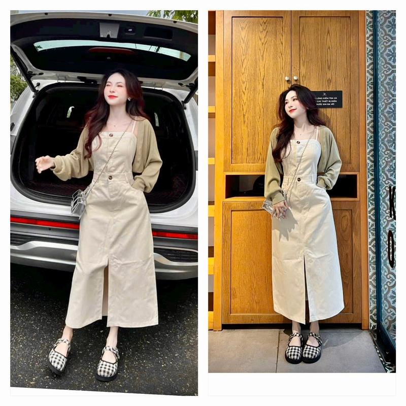 Sét Đầm Kaki 2Dây Phối Áo Khoác Thun Gân Dài Tay Siêu Đẹp Nữ Women Dress Váy 3