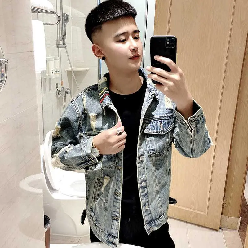 Áo Khoác Denim, Chàng Trai Thông Minh, Dành Cho Nam Giới, Rách Mùa Thu, Hợp Xu hướng Và Đẹp Trai, Les Dễ Phối Đồ, Áo Khoác, Áo Nam