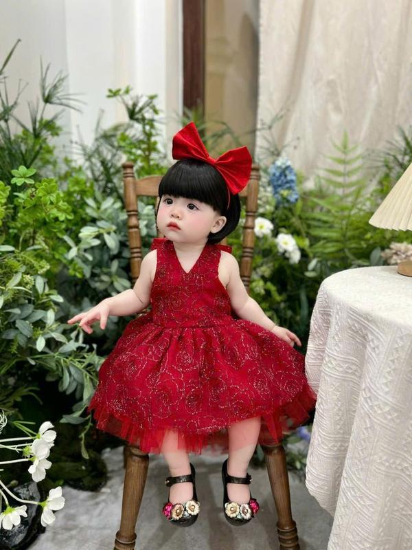 [BST Tết 2025] Đầm công chúa phom xoè kèm nơ hoạ tiết hoa phối ren lấp lánh siêu dễ thương cho bé - Shop Con Cưng body  tet