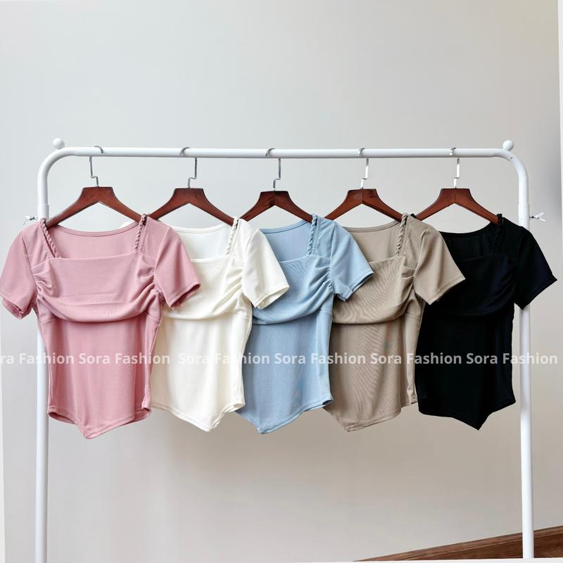  Áo Thun Kiểu Nữ Vạt Eo Bigsize Sora Fashion Áo Kiểu Nữ Cổ Vuông Dây Xoắn 2 Bên Vai Chất Liệu Thun Tăm 159 Top Women Top Women Shirt 