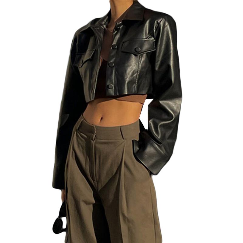 Women Crop Leather Jacket Solid Color Casual Long Sleeve Button Down Jacket Fall Outwear 4