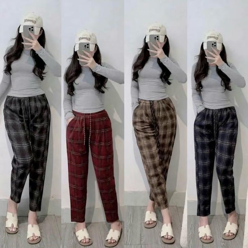Quần Baggy Bigsize kẻ carro Nữ Thu Đông chất Dạ Umi co giãn thỏa mái hottend Women Pants quần caro nỉ quần flannel sọc quan baggynu