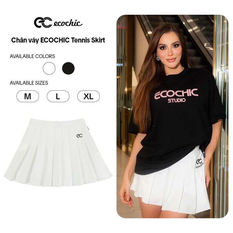 Chân Váy Xếp Ly ECOCHIC TENNIS SKIRT F204 Dáng Xòe Ngắn Logo Basic Thêu Chất Liệu Cao Cấp Đen Trắng - Nữ, Women