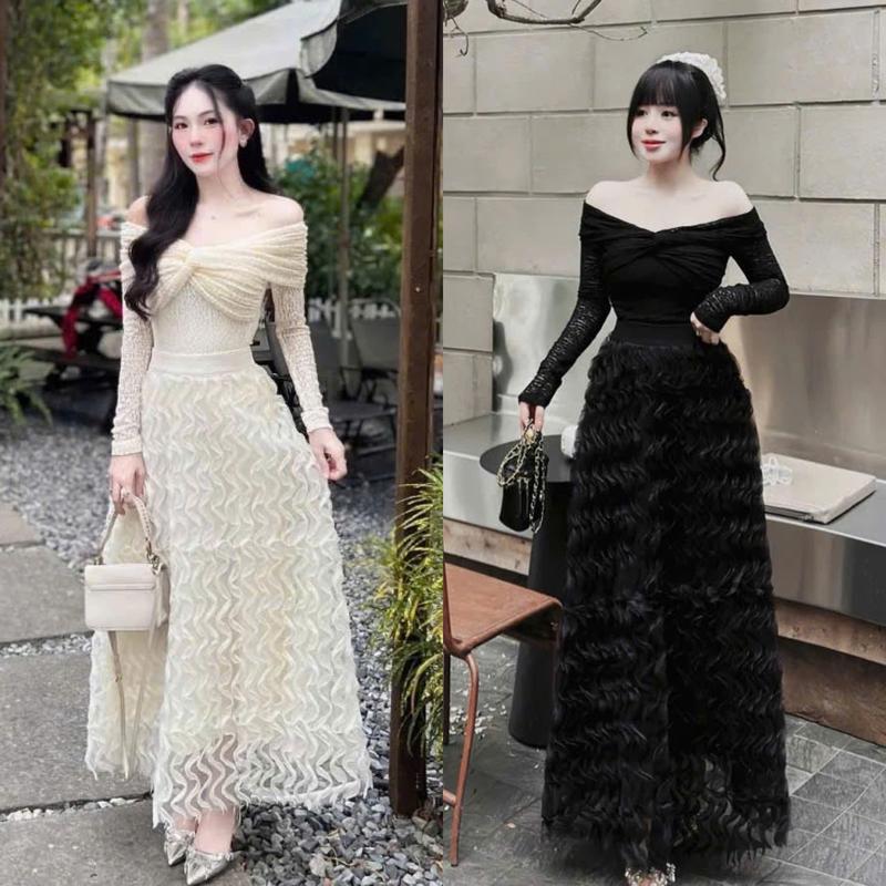 BIGSIZE HIẾU HIẾU 55-95KG - Set thời trang nữ sang chảnh Áo ren trễ vai tay dài + Chân váy voan tầng dáng dài S486