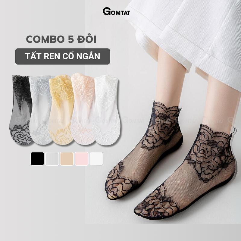 Combo 5 đôi vớ nữ cổ ngắn phối ren GOM TẤT cao cấp, Tất nữ cổ ngắn chất liệu sợi cotton mềm mịn, thoáng khí khử mùi, phong cách gợi cảm, Women, Voi D16-A070-CB5