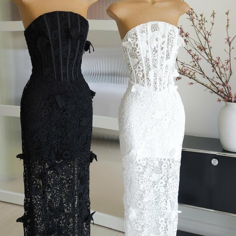 Đầm ống corset phối ren bướm nổi đen, trắng SM 4