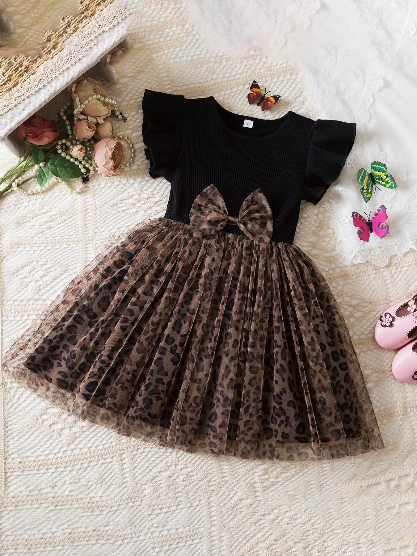 Toddler Girl's Leopard Print Bow Decor Ruffle Trim Sweater Dress, Cute Casual Puff Sleeve A Line Dress for Summer, Kids Clothes for Daily Wear