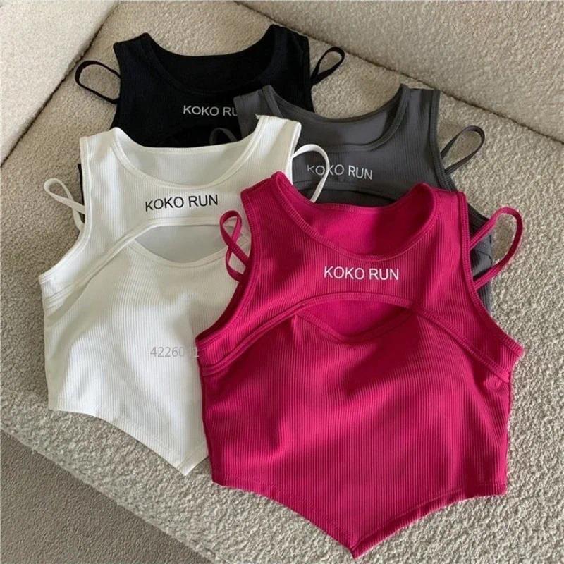 1pc Casual Crop Tops for Women Knitting Irregular Tops Hollow Out Camisole Women Fake Two Pieces Tank Tops with Bra Pad Womenswear Tube Lingerie Lady 1
