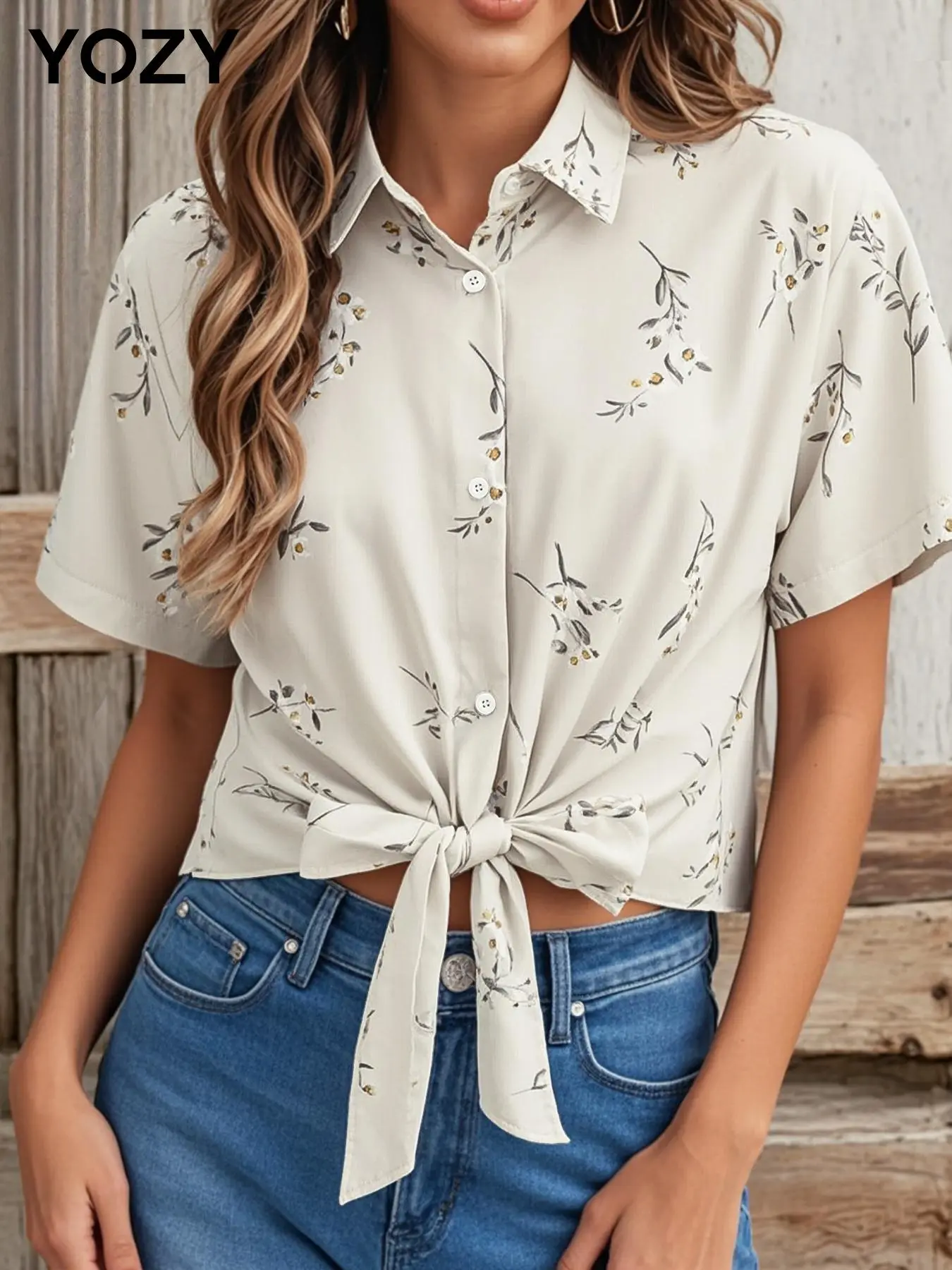 YOZY Women's Floral Print Button Front Shirt, Casual Collared Top for Summer, Ladies Clothes for Daily Wear