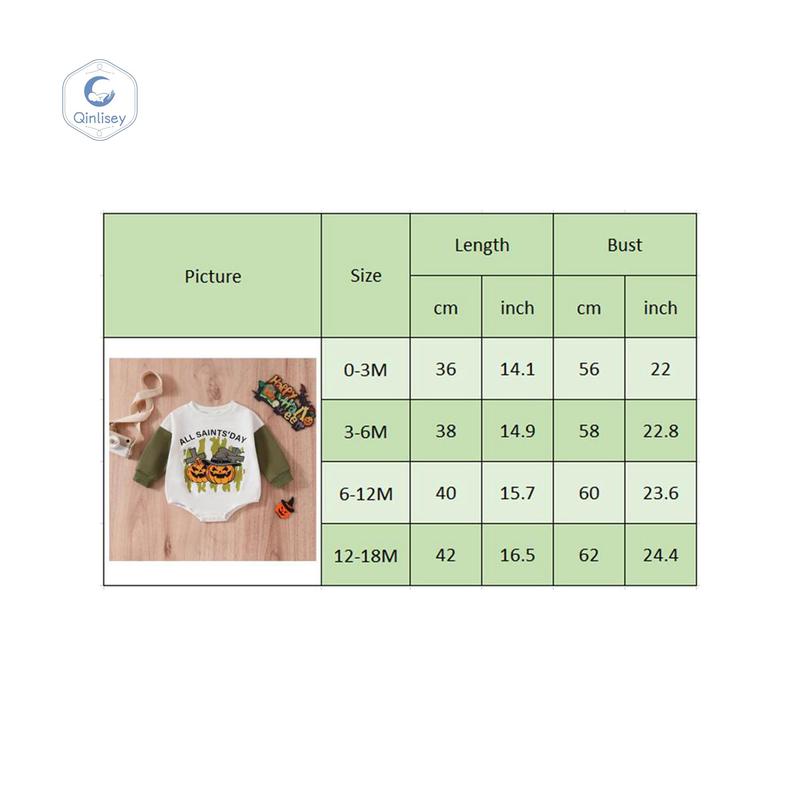 Product Introduction of Qinlisey Baby Girls Boys Sweatshirts Rompers Halloween Clothes Letter Pumpkin Print Contrast Color Long Sleeve Toddler Fall Bodysuits 0