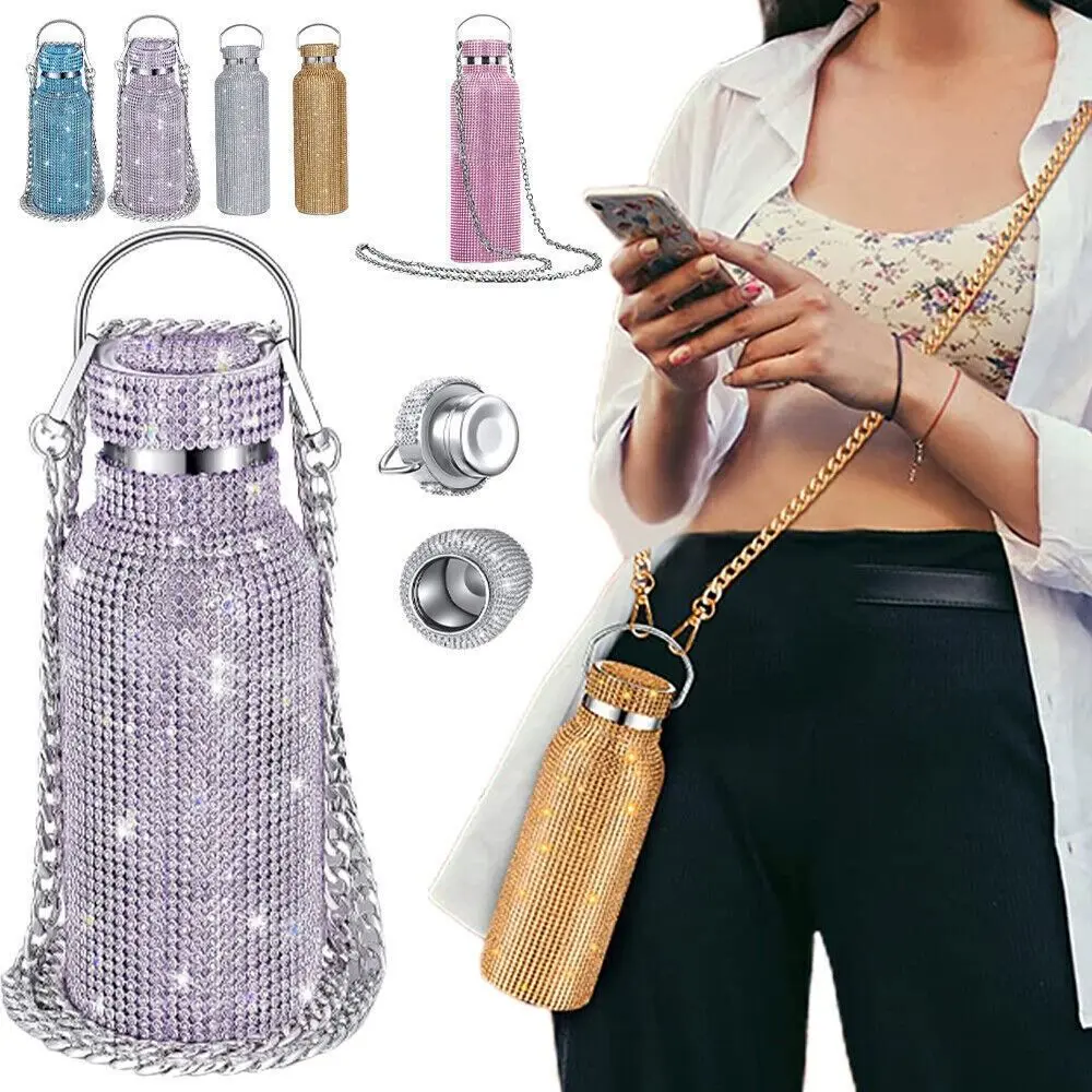 Bedazzled Thermal Water Bottle Chain Stainless Steel Bling Cups Refillable Leak-Proof Glitter Tumbler Women