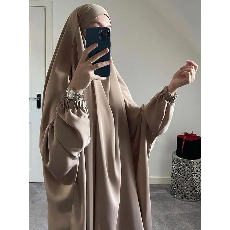 Khimar Set with Alisya Dress in Crumpled Cloth muslim apparel orange plain robes batwing sleeve elegant