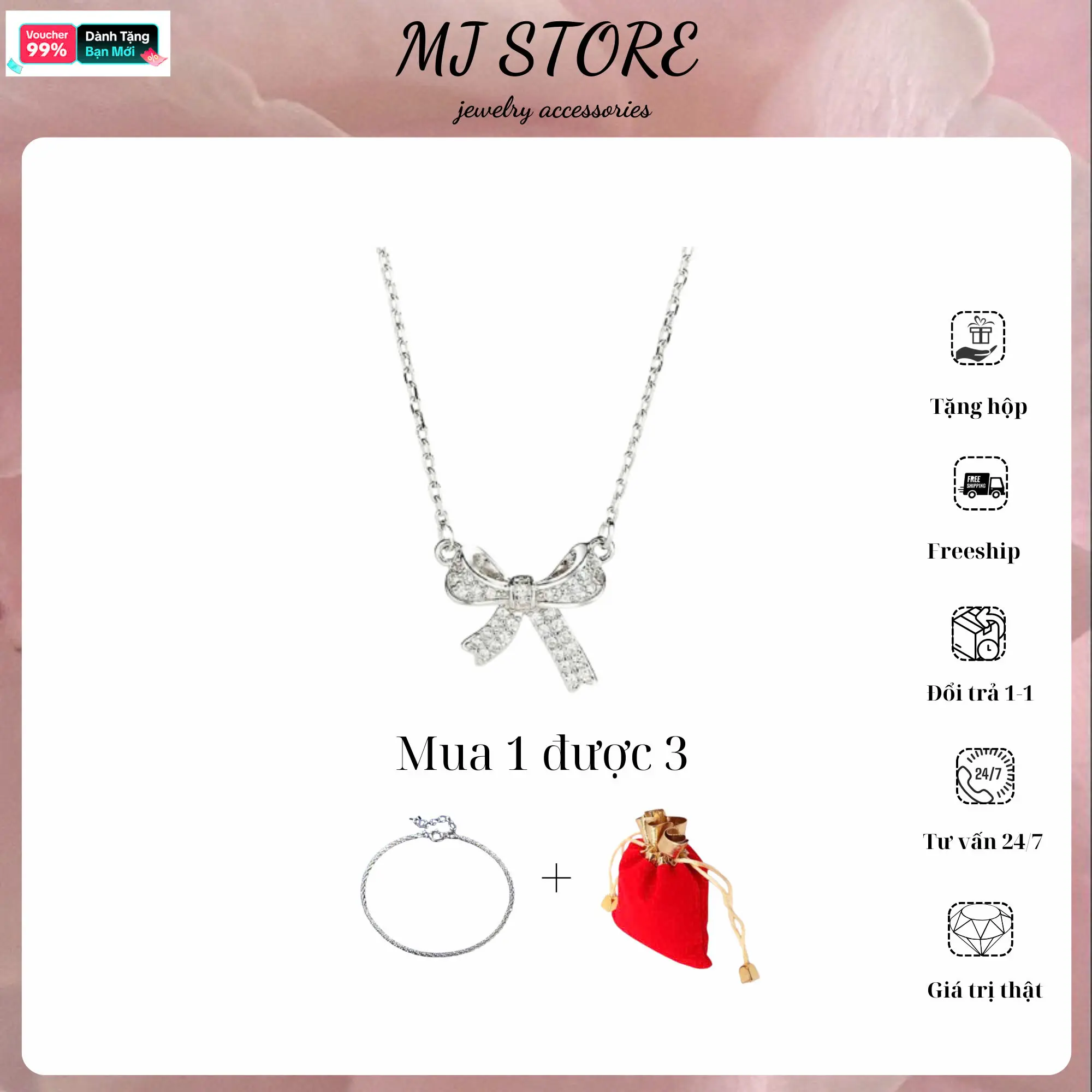 Lumia Dây chuyền nơ  đính đá cao cấp trang sức bạc nữ sang trọng dâ y c huyền
