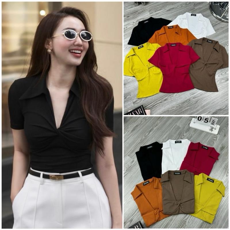 Áo Thun Bigsize Cổ Bẻ Xoắn Ngực, MS:229 . Áo Tay Ngắn From Chuẩn Ôm Boddy, Áo Kiểu Sang Chảnh Cổ Polo Chất Tăm Lạnh Bigsize Nữ ( Full-size :40-90kg ) Women Sơ Mi Top