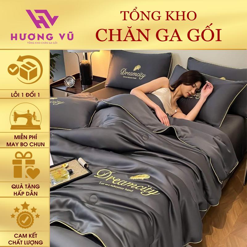 Bộ Chăn Ga Gối Phi Lụa Dream City Hương Vũ Bedding - Ga Trải Giường Bo Chun Chăn Trần Bông 2 Vỏ Gối Nằm