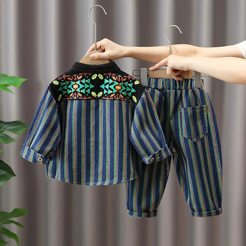 Quần Áo Mùa Thu Cho Bé Trai, Bộ Đồ Denim, Quần Áo Đẹp Trai Mới, Thích Hợp Cho Mùa Xuân Và Mùa Thu, Bộ Đồ Hai Mảnh Sọc Cho Trẻ Em 1