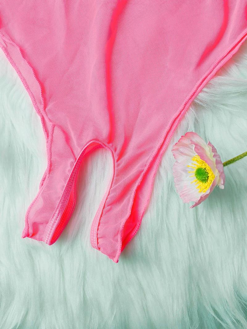 Product Introduction of Plus Size Contrast Lace Backless Halter Neck Tulle Onesie, Sexy Semi-sheer Open Crotch Design Tie Back Sleepwear, Women's Plus Sleepwear for All Seasons 11