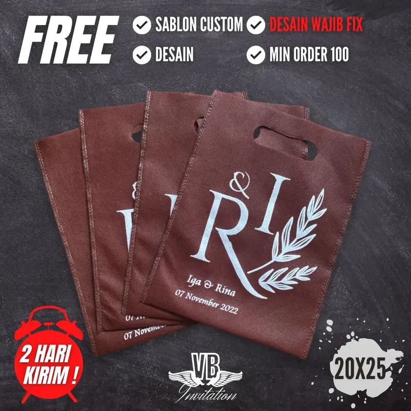 ( Isi 100 Biji ) Tas Spunbond Souvenir Acara Wedding Gratis Custom Nama | FOP 20.25 6