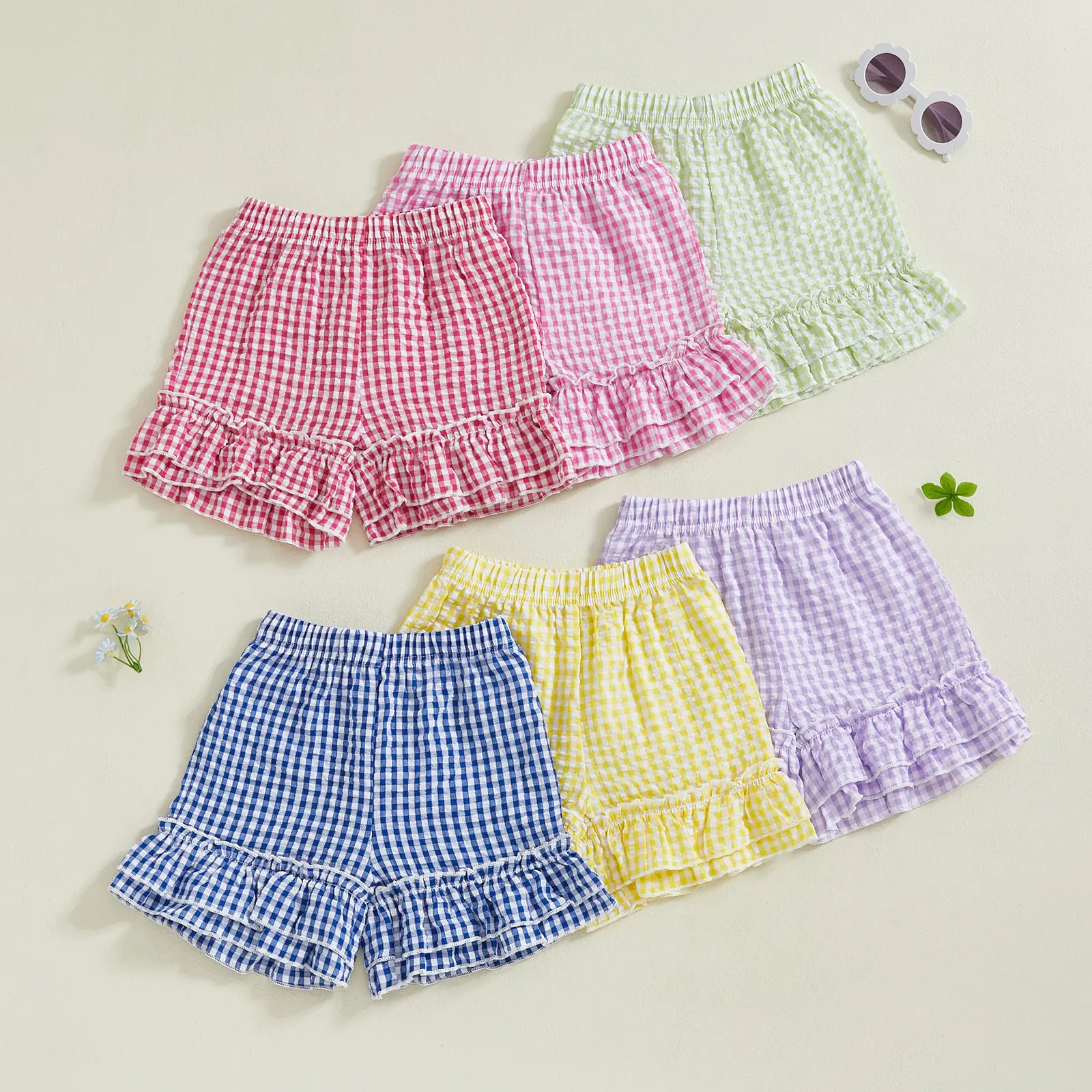 Toddler Girl Plaid Shorts Ruffled Hem Elastic Waist Wide Leg Short Pants for Summer