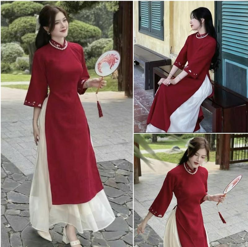Sét áo dài nữ chất nhung cổ tàu thêu hoa kèm chân váy voan tơ thích hợp mặc tết cực xinh Women Dress