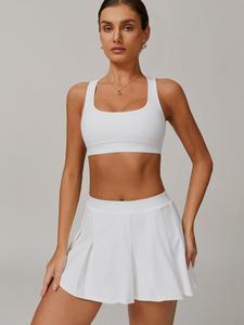 Women's Solid Color Backless Sports Bra & Side Pocket Design Sports Skort Set, Tight-fitting Breathable Comfortable Anti-Exposure Sportswear Set for Gym Workout Fitness, Ladies Sportswear for Indoor Outdoor Wear