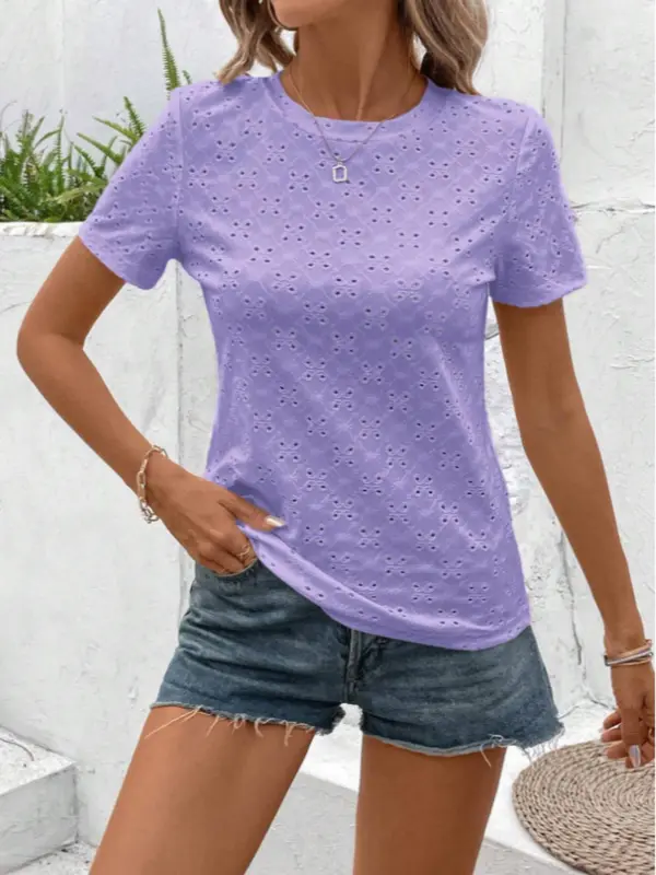 Women's Plain Eyelet Embroidery Tee, Casual Short Sleeve Round Neck T-shirt for Daily Wear, Ladies Clothes for All Seasons 3