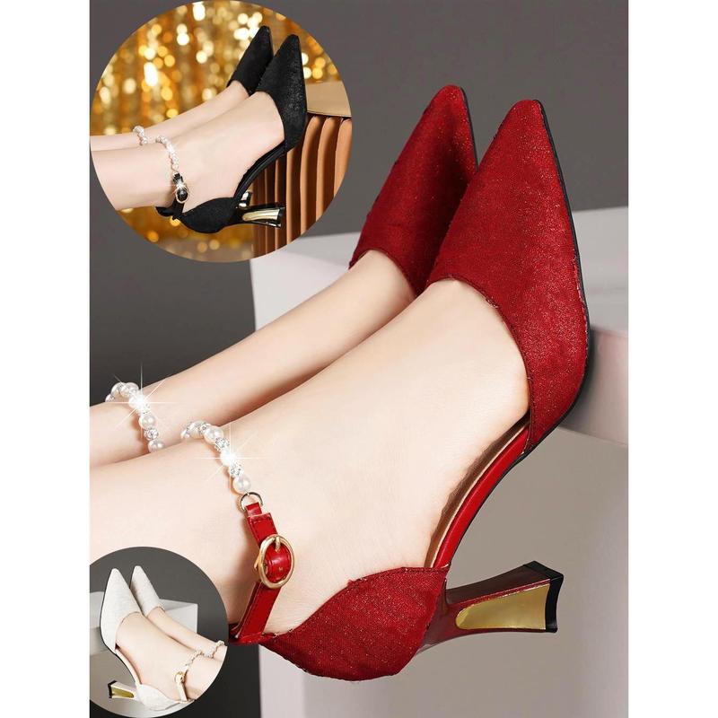 FS Giày Cao Gót Dự Tiệc 7cm Mũi Nhọn Ánh Kim Bling Quai Ngọc Sang Chảnh -Mã CG53