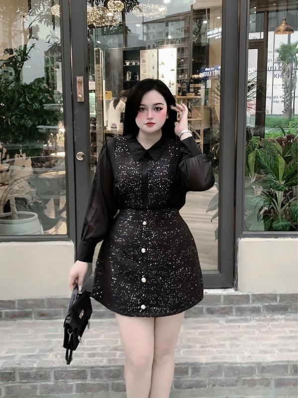  Set dạ đính kim sa bling áo phối tơ nhũ kèm chân váy A Bigsize mã S141 
