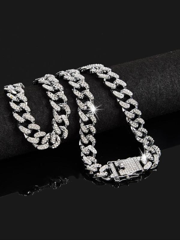 Sparkly Luxury Rhinestone Decor Chain Necklace, Summer Outfits 2024 Hip Hop Punk Style Cuban Chain Necklace, Matching Jewellery for Women for Parties & Gifts 2