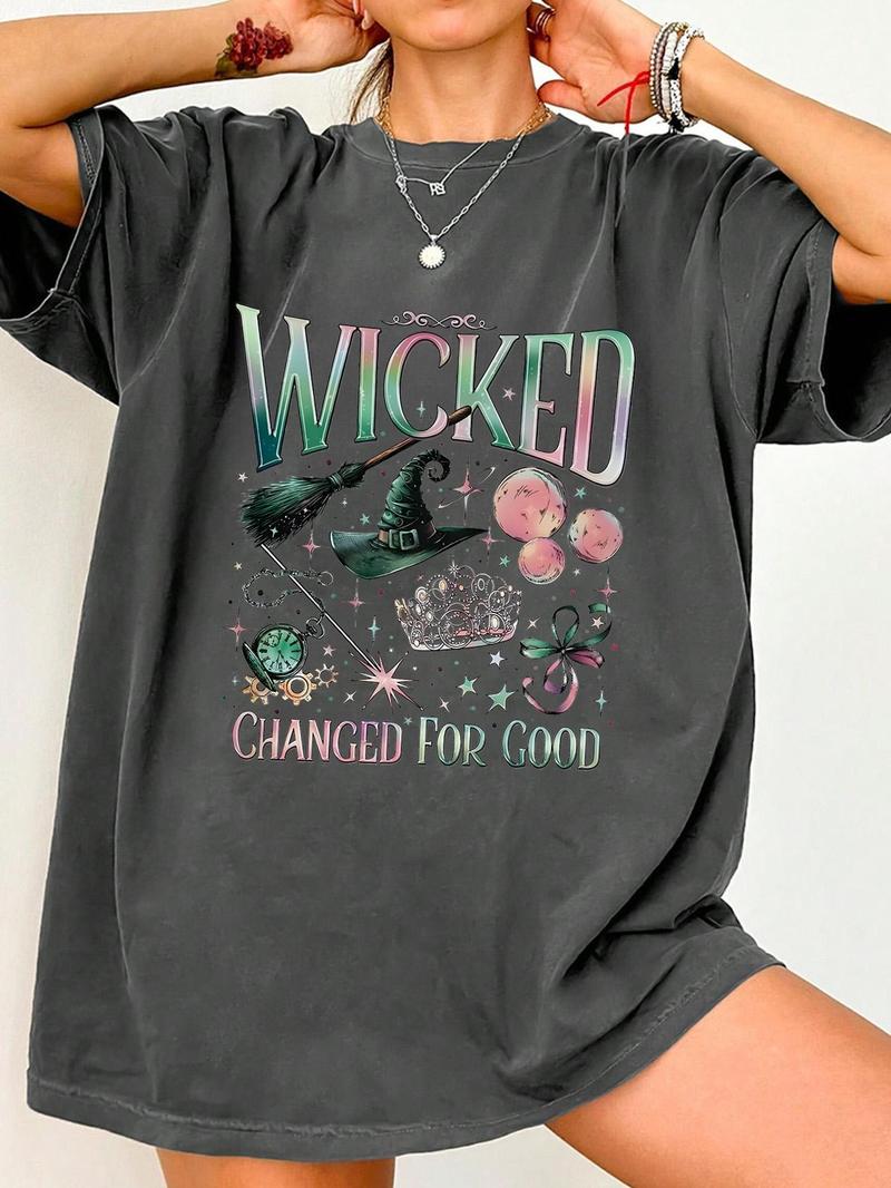 Product Introduction of Women's Wicked Witch & Letter Round Neck Graphic Tee, Trendy Apparel, Fashion Casual Graphic Print Half Sleeve T-shirt for Daily Wear, Ladies Clothing for All Seasons 7